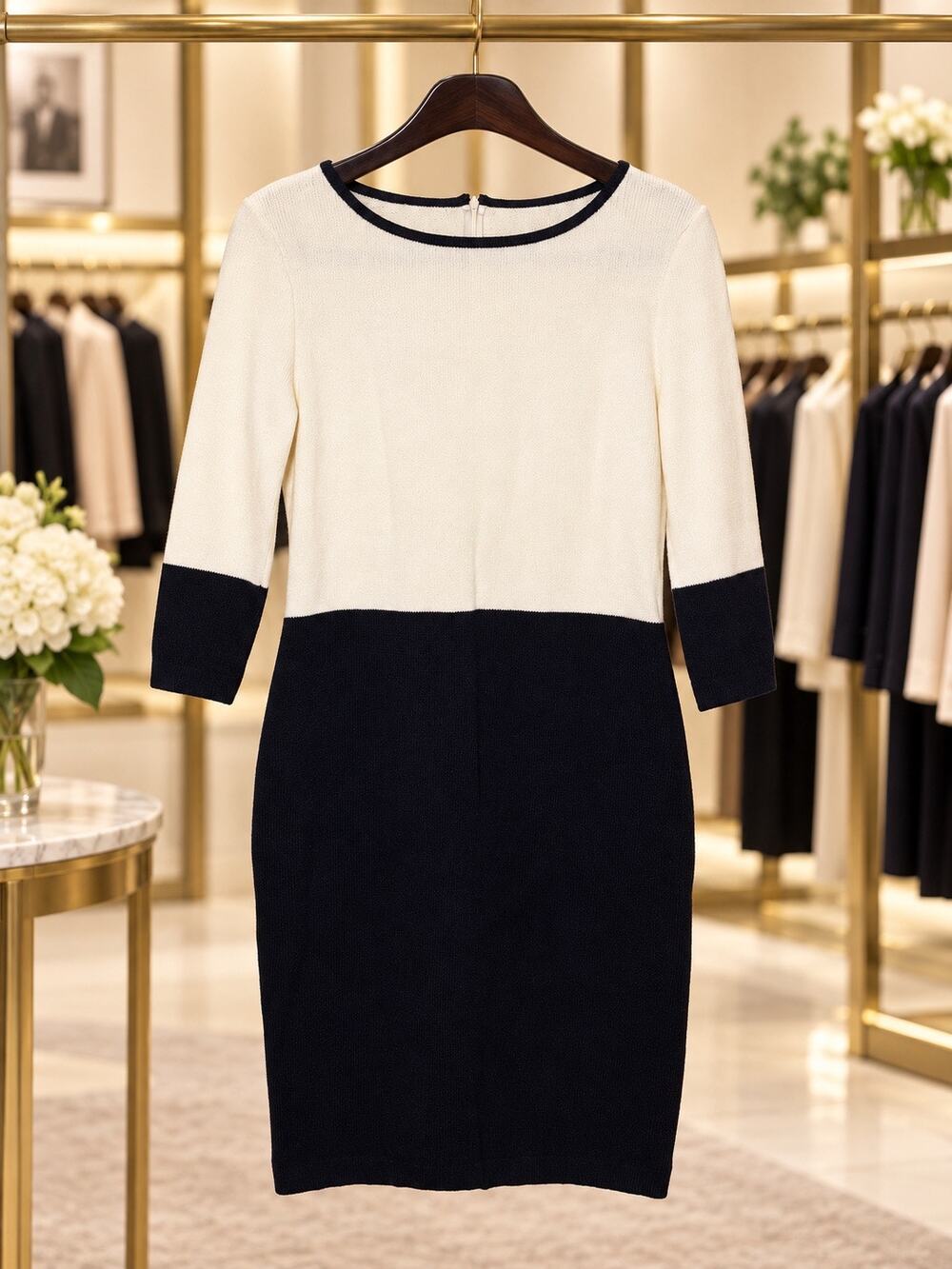 St. John Collection Dress 6 Black Ivory Colorblock Knit Sheath 3/4 Sleeve Chic